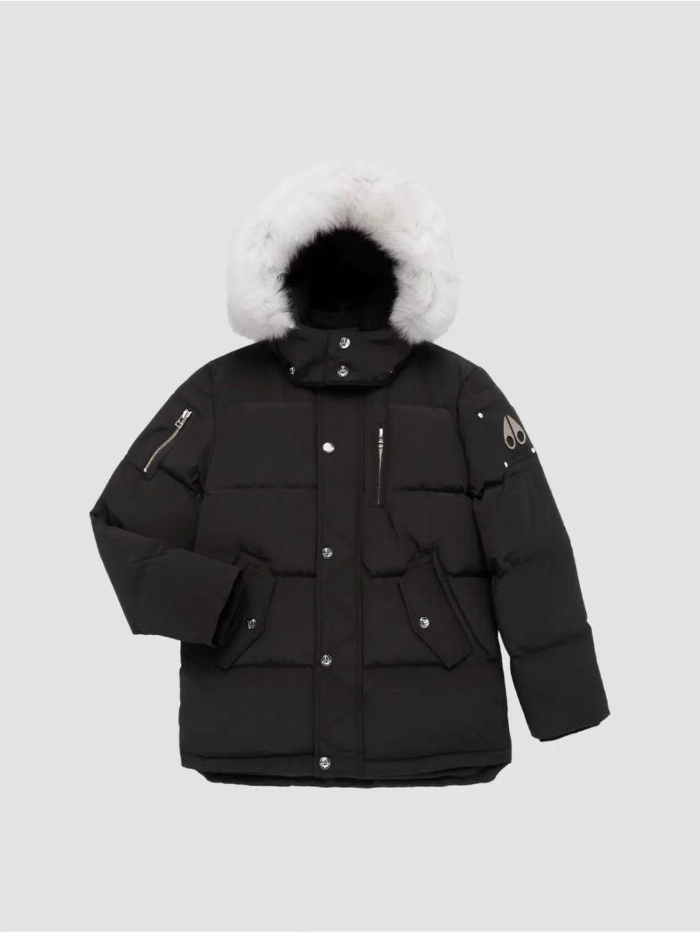 Moose Knuckles Black Puffer Jacket with White Fur Trim Hood
